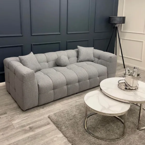 Modern Grey Boucle Fabric Upholstered 3 Seater Sofa with Deep Channel Stitching