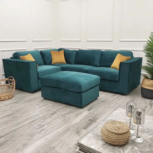 Modern Blue Fabric Upholstered 4 Seater Corner Sofa with Squared Arms