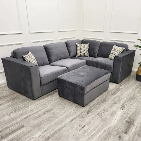 Modern Dark Grey Fabric Upholstered 4 Seater Corner Sofa with Squared Arms