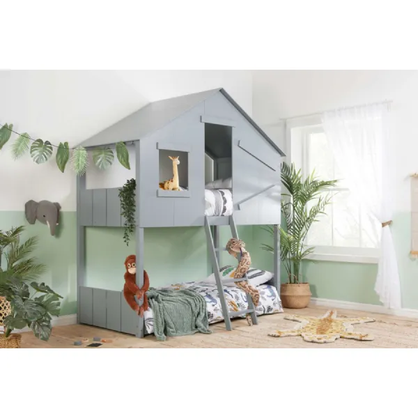 Grey Wood Single Safari Children Bunk Bed with Ladder