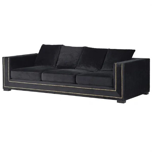Modern Low Back 3 seater Black Velvet Sofa With Stud Detailing