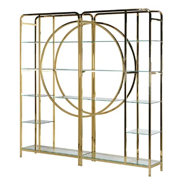 Gold Coloured Frame Metal and Glass Large Shelves Unit