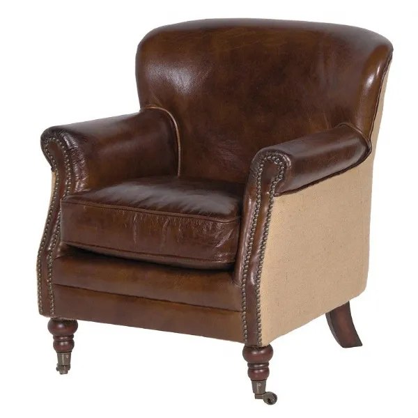 Traditional Vintage Brown Leather and Linen Armchair With Castors