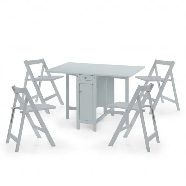 Light Grey Folding 4 Seater Dining Set with Storage Drawer and Drop Leaf Table