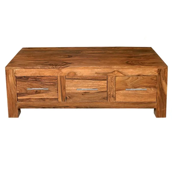 Modern Solid Sheesham Wood 3 Drawer Coffee Table