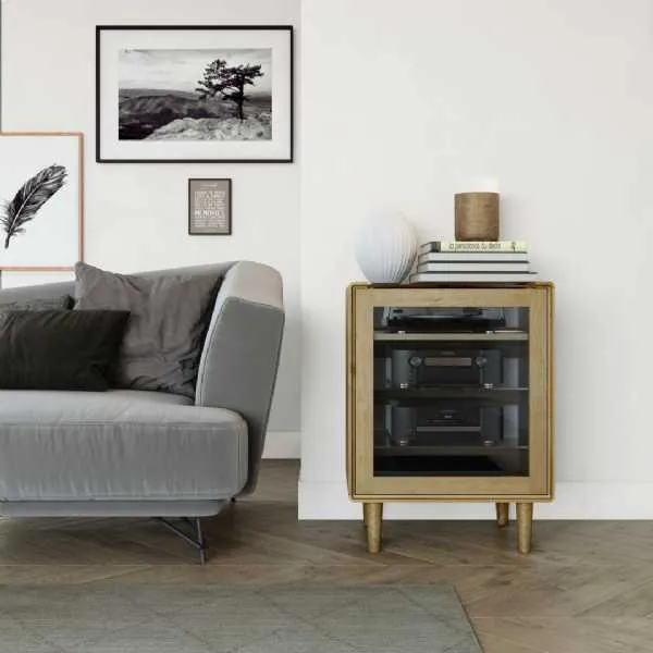 Nordic Scandic Oak Hifi Media Cabinet Unit Glass Top Glass Door With Shelves on Legs
