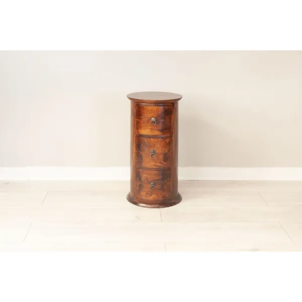 Rustic Wanut Wood 3 Drawer Round Small Storage Unit
