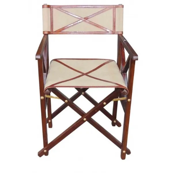 Handcrafted Brown Leather and Wood Director Foldable Chair
