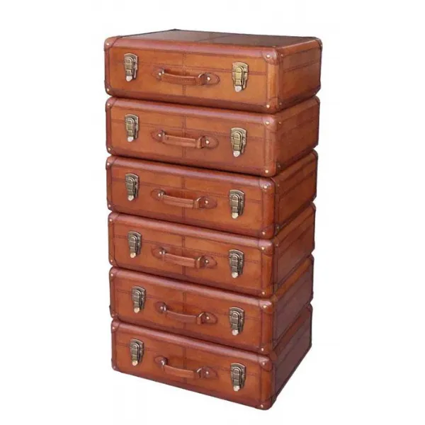Handcrafted Brown Leather 6 Drawer Tallboy Chest with Suitcase Design
