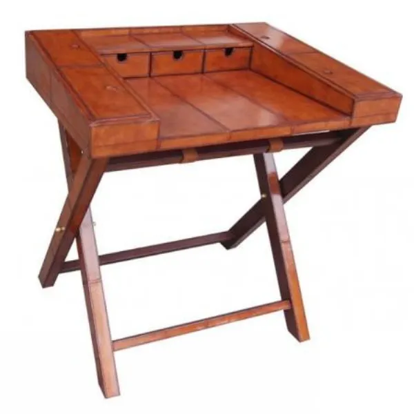 Vintage Handcrafted Brown Leather and Brass Writing Desk with Stand