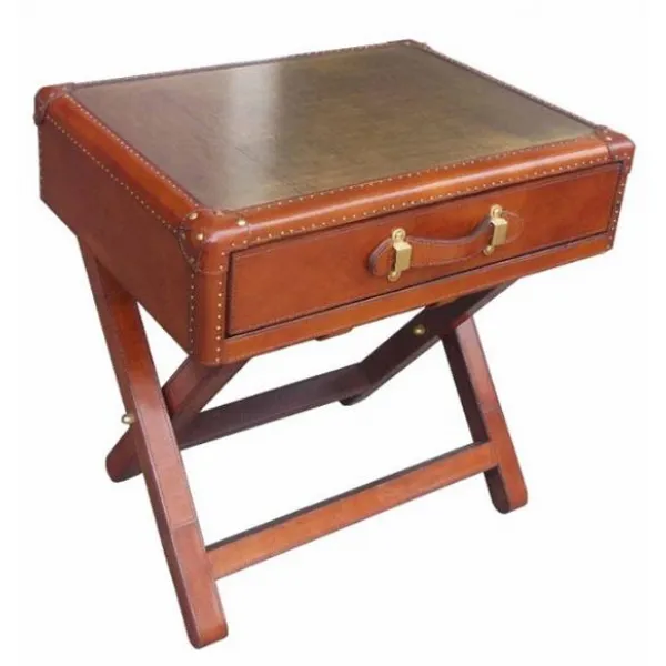 Handcrafted Leather And Brass Side Table with Brass Top