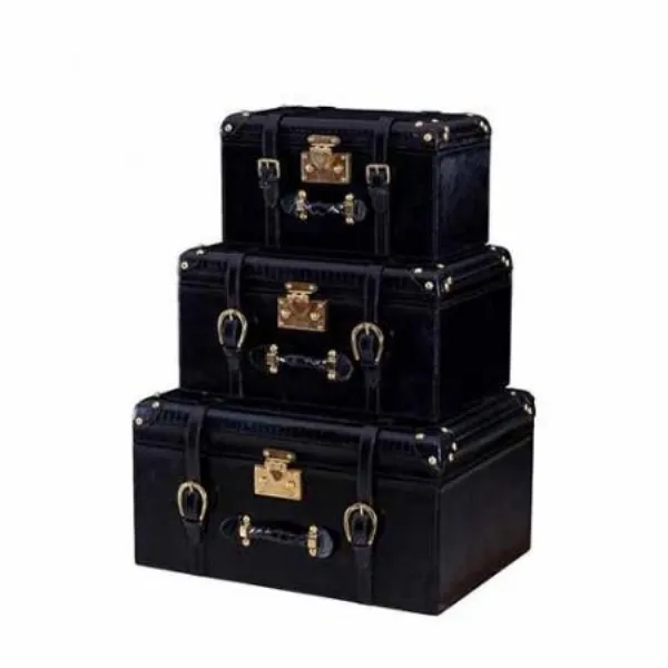 Set of 3 Handcrafted Vintage Black Leather and Brass Weave Storage Trunks