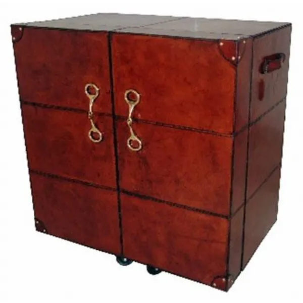 Handcrafted Brown Leather Home Bar Cabinet on Castors with Storage Shelves