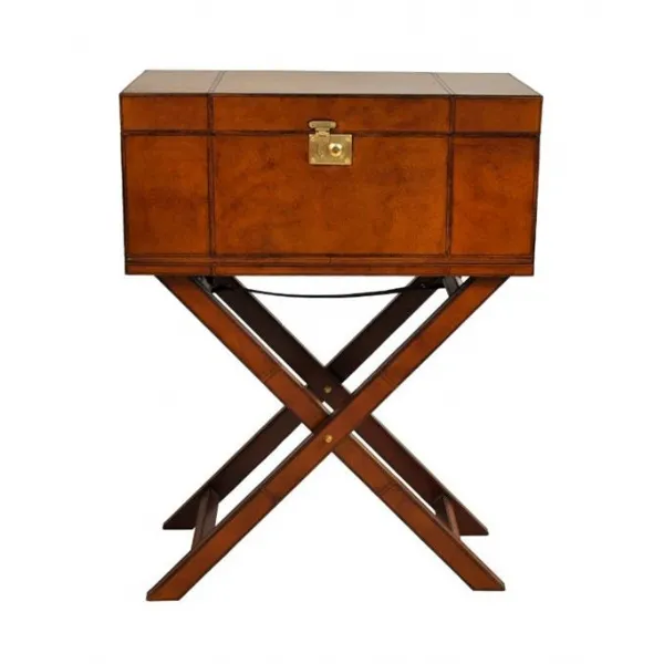 Handcrafted Brown Leather Bar Cabinet with Wooden Stand and Lift Top Lid