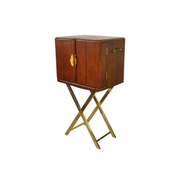 Handcrafted Brown Leather and Brass Folding Bar Cabinet with Stand