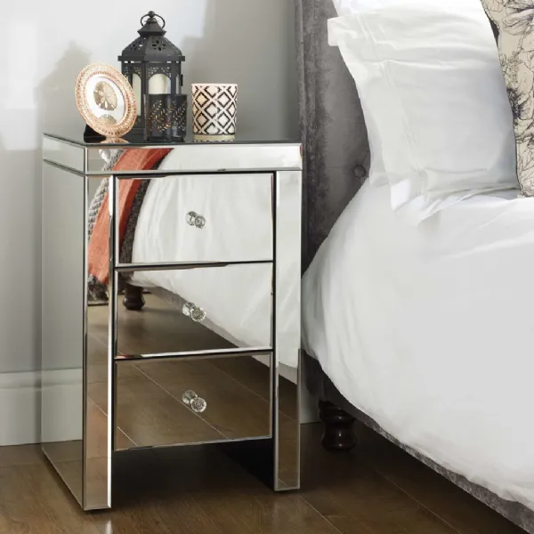 Mirrored 3 Drawer Bedside with Crystal Handle