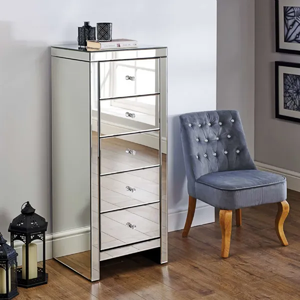 Mirrored Glass Narrow Chest of 5 Drawers Tallboy