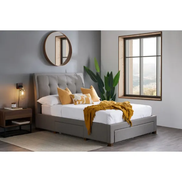Grey Fabric 3 Drawer King Size Bed Buttoned Headboard