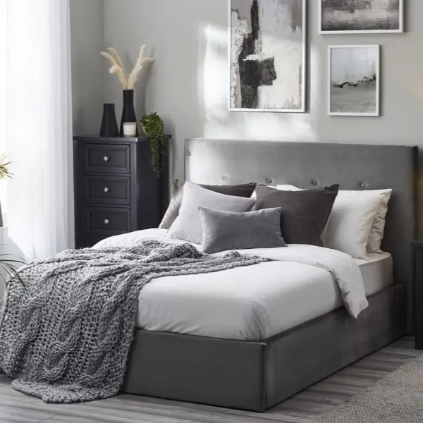 Grey Velvet Upholstered 5ft King Size Ottoman Storage Bed with High Headboard