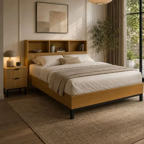Sia Bookcase Headboard Bed Light Oak Effect, Double