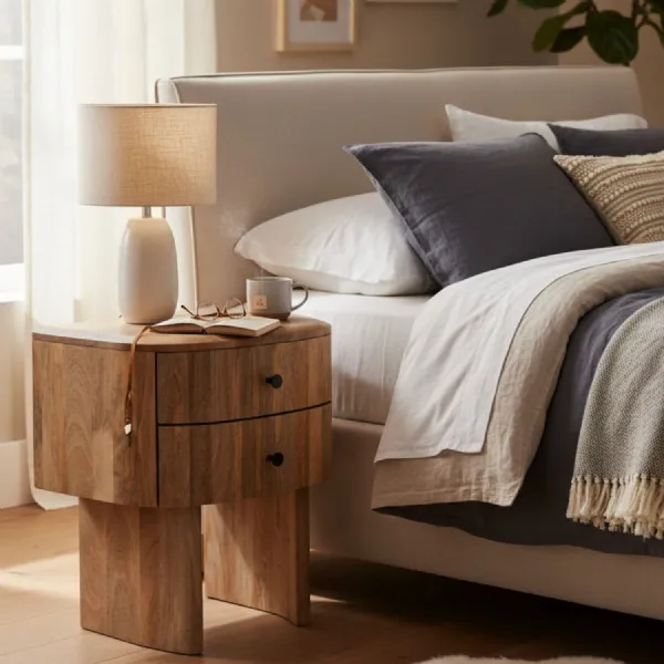 Modern Mango Wood 2 Drawer Side Lamp Table