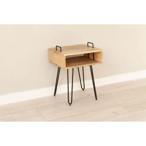 Natural Mango Wood Side Lamp Table with Iron Hairpin Legs