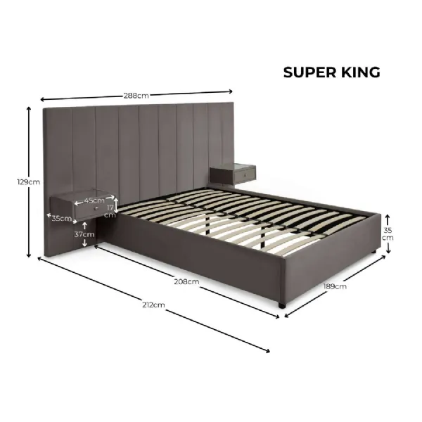 Sloan Bed Frame With Built In Side Tables Grey Velvet, Super King