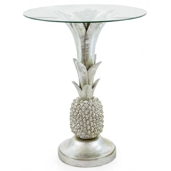 Antique Silver Pineapple Round Side Table with Glass Top