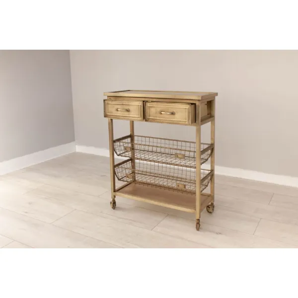 Aged Brass Steel 2 Drawer Kitchen Trolley on Wheels