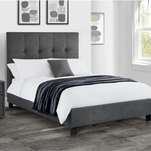 Grey Linen Upholstered 4ft6 Double Bed with High Buttoned Headboard