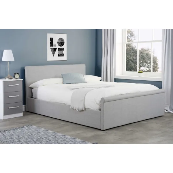 Grey Fabric Double Scrolled Designed Ottoman Bed
