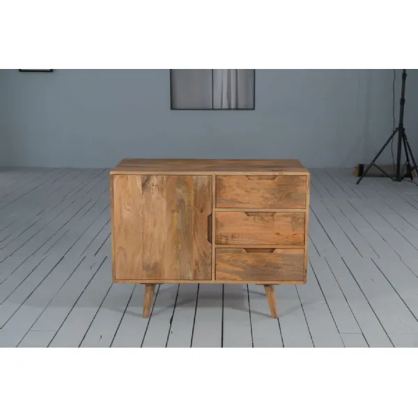 Modern Natural Solid Mango Wood 1 Door 3 Drawer Sideboard