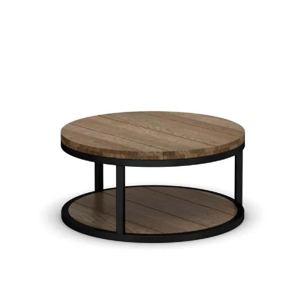 Natural Oak Solid Oak Round Coffee Table with Black Metal Frame and Open Shelf