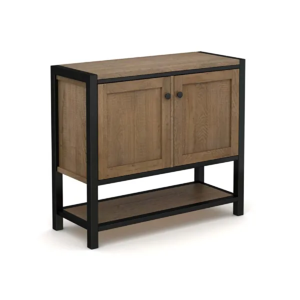 Industrial Solid Oak 2 Door Cabinet with Lower Shelf and Black Metal Frame