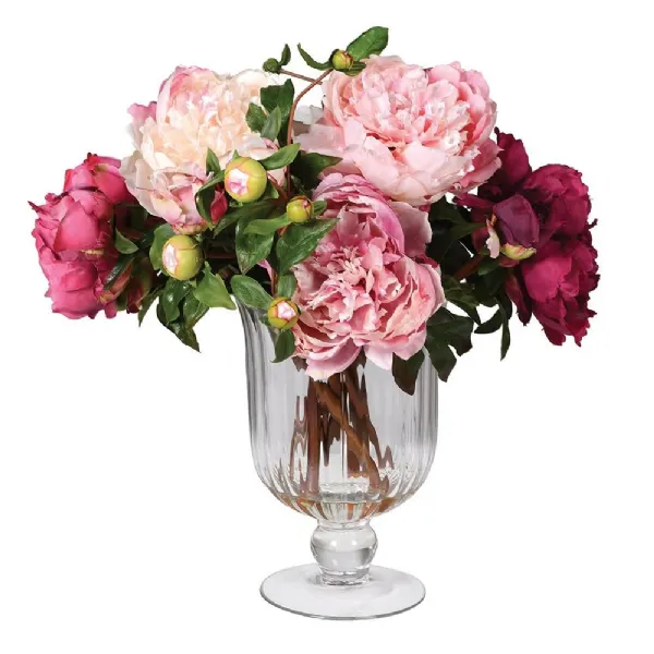 Shades Of Pink Peonies Arranged In Ribbed Footed Glass Vase
