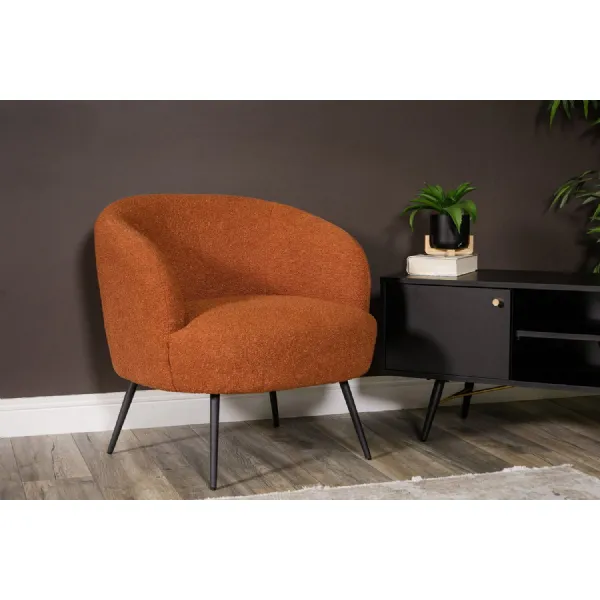 Rust Boucle Textured Fabric Curved Accent Chair Black Legs