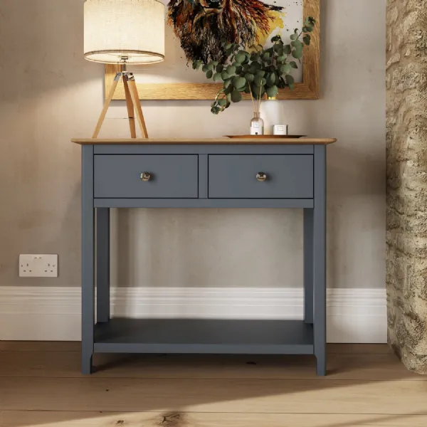Taberno Oak 2 Drawer Console Hallway Table Graphite Blue