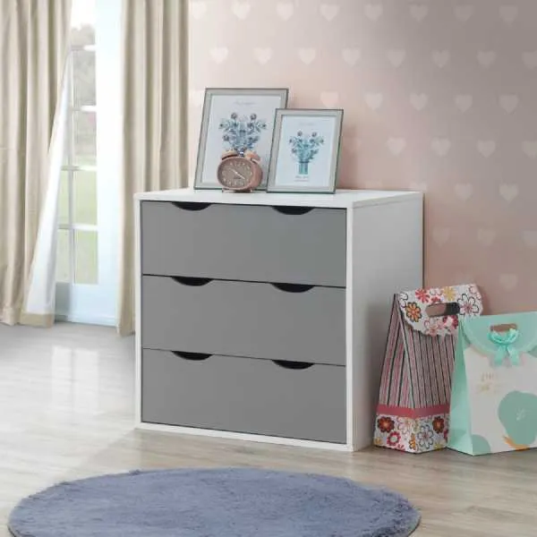 Modern Simple White and Grey Chest of 3 Drawers Cut Out Handles 59.5 X 60cm