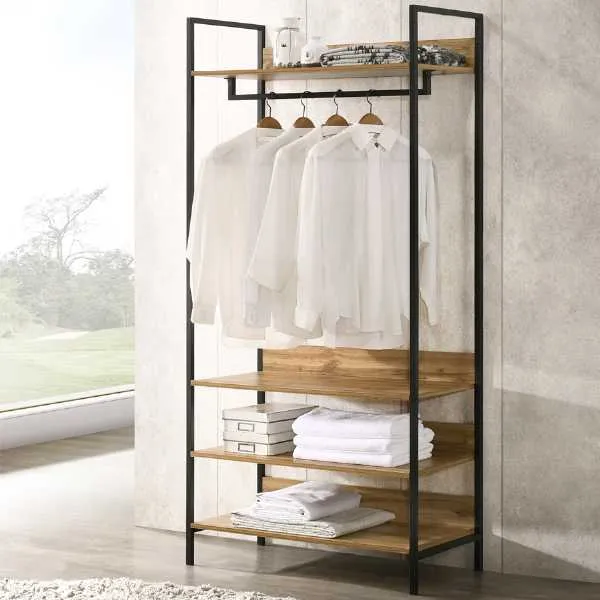 Oak Effect Open Wardrobe with 4 Shelves Matt Black Metal Frame