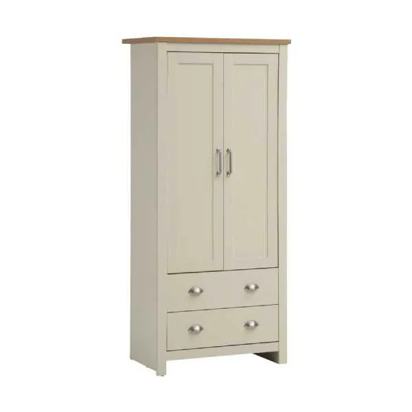 Cream 2 Door Double Wardrobe with 2 Drawers Oak Effect Top 181cm Tall
