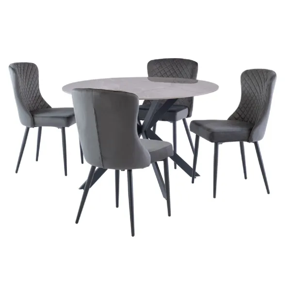 Grey Marble Effect Stone Round Dining Table Cross Legs 1.2m