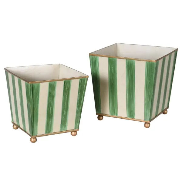 Set of 2 Green Striped Tapered Planters