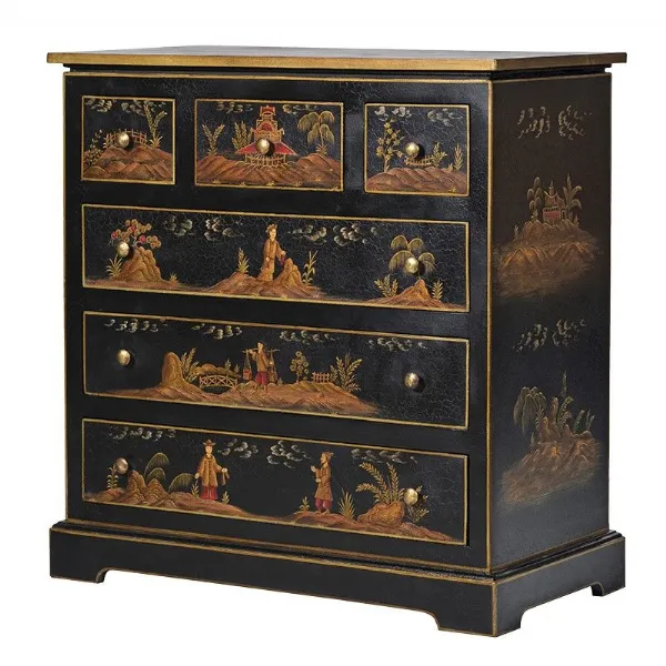 Black Painted Antique Style Chinese Deco 6 Drawer Chest Coach House