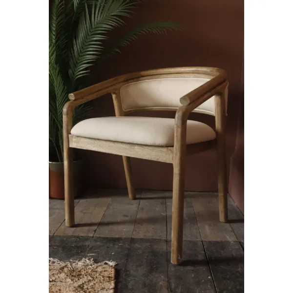 Natural Teak Wood and Cream Fabric Upholstered Dining Chair