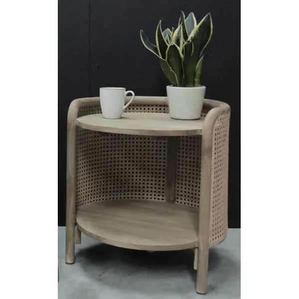 Vintage Natural Teak Rattan Two Tier Round Side End Table