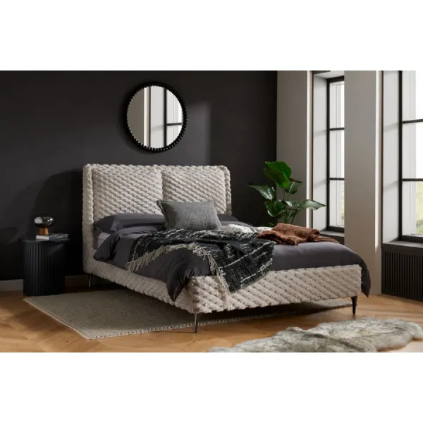 White Fabric 135cm Double Furred Bed Tufted Headboard