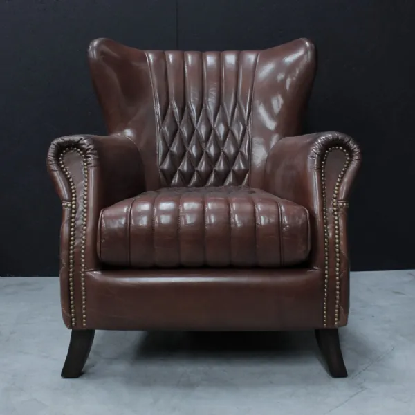 Vintage Brown Flared Back Leather Upholstered Armchair with Brass Detailing
