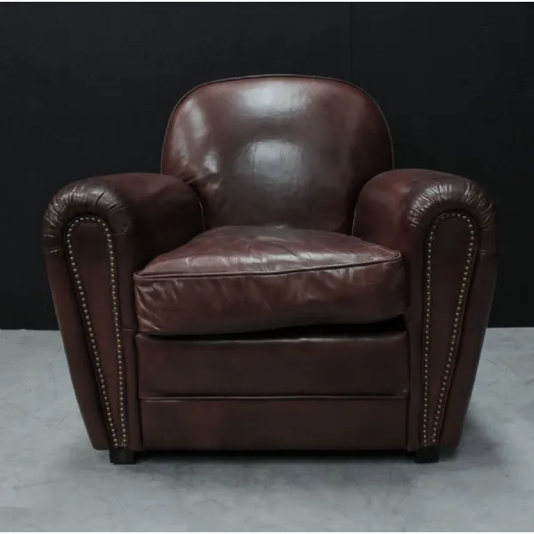 Vintage Brown Leather Upholstered Art Deco Armchair with Brass Stud Detailing