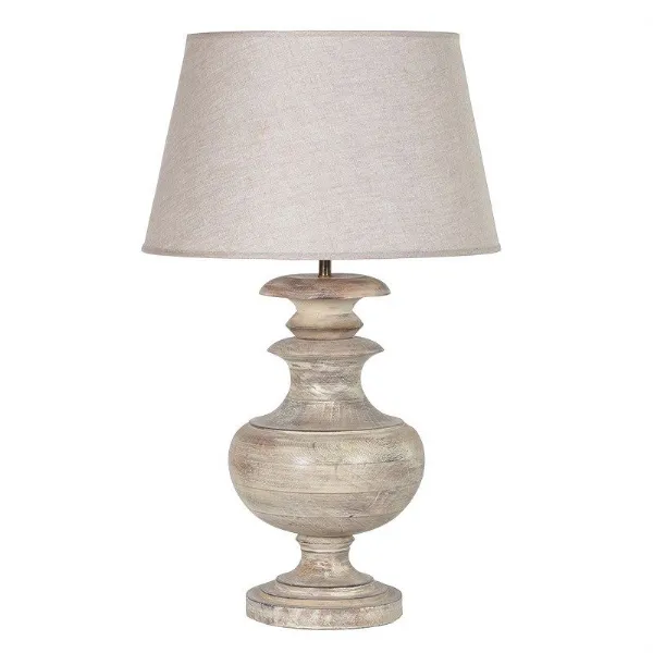 Weathered Turned Wooden Lamp With Natural Shade