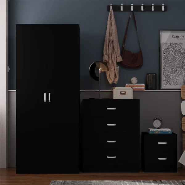 Tunis 3 Piece Bedroom Furniture Set Matt Black Wardrobe Plus Chest Plus Bedside